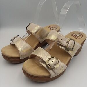 Dansko Sophie Metallic Gold Leather Buckle Wedge Platform Sandal Womens 8.5-9 39